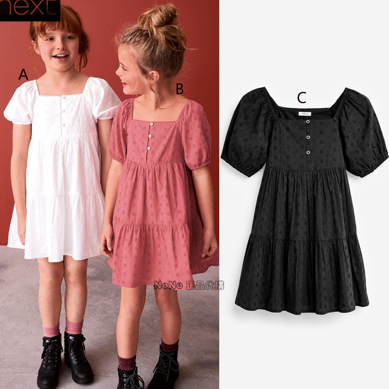 现货Next英国正品女大童亲子粉色白色黑色刺绣连衣裙纯棉971-704
