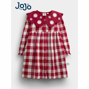 英国JoJo Maman Bebe女童新年红色格子刺绣长袖连衣裙新款412-088