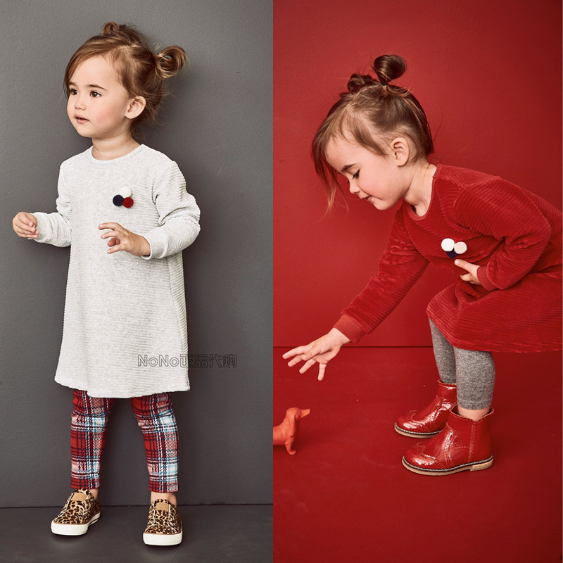 现货Next英国正品女童灰色丝绒红色格子打底裤连衣裙541-301