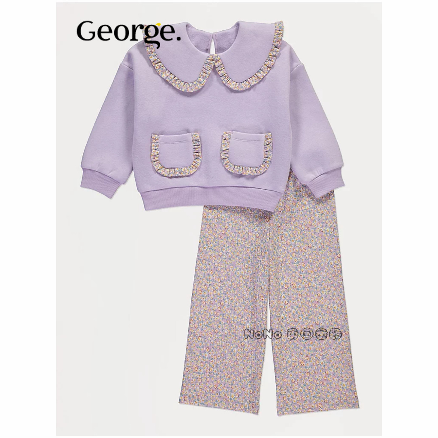 英国乔治George女童紫色碎花翻领卫衣运动裤套装1-7岁1380542