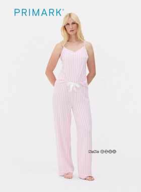 代购英国Primark女款成人大童粉色竖条纹吊带家居服睡衣长裤