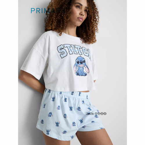 英国Primark女款成人大童蓝白色史迪仔奇短袖家居服睡衣裤新款