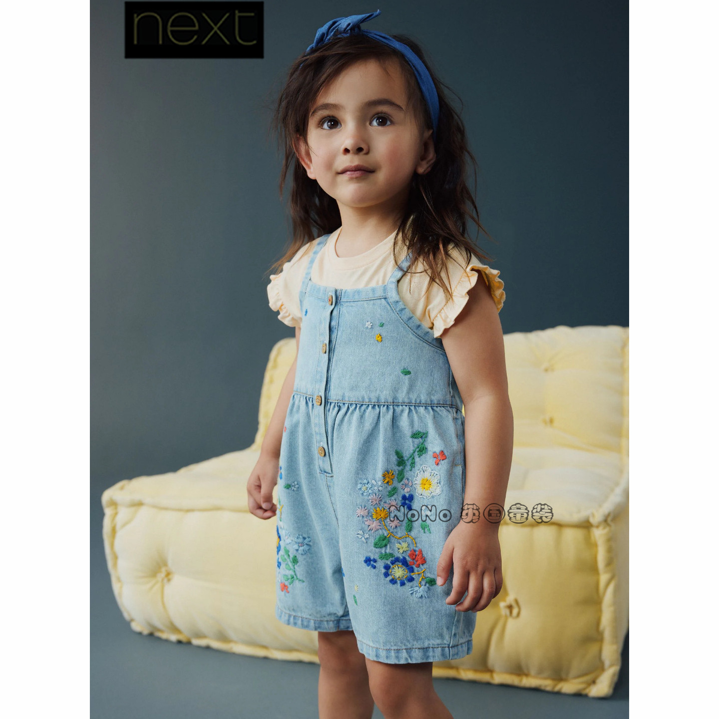 英国Next正品女童黄色短袖T恤刺绣花牛仔背带短裤1-7岁棉H51-500