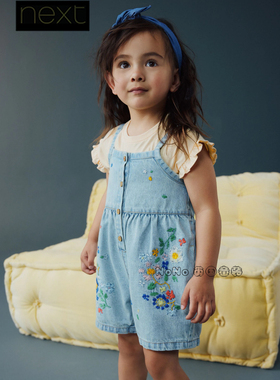 英国Next正品女童黄色短袖T恤刺绣花牛仔背带短裤1-7岁棉H51-500