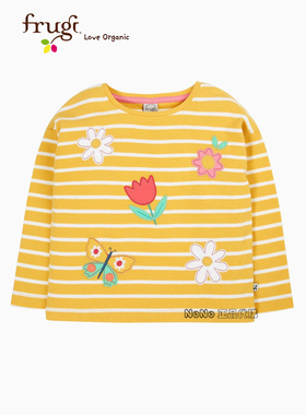 英国Frugi有机棉正品女童黄色花朵条纹贴布刺绣长袖T恤棉F46-834