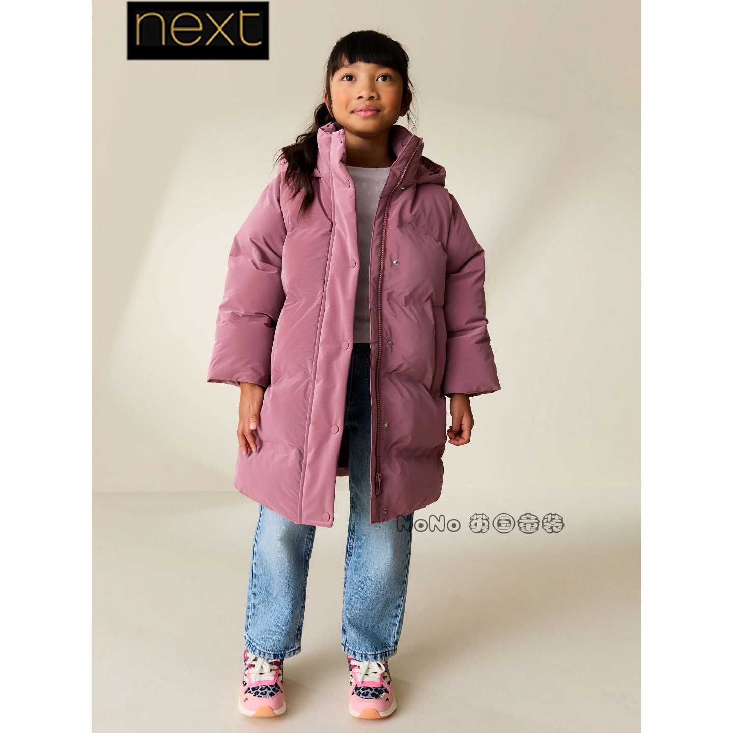 英国Next代购女大童皮粉色外套加厚中长款棉服衣防雨雪F82-265