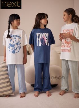 英国Next正品女大童亲子蓝白色熊猫短袖家居服纯棉睡裤AC2-708