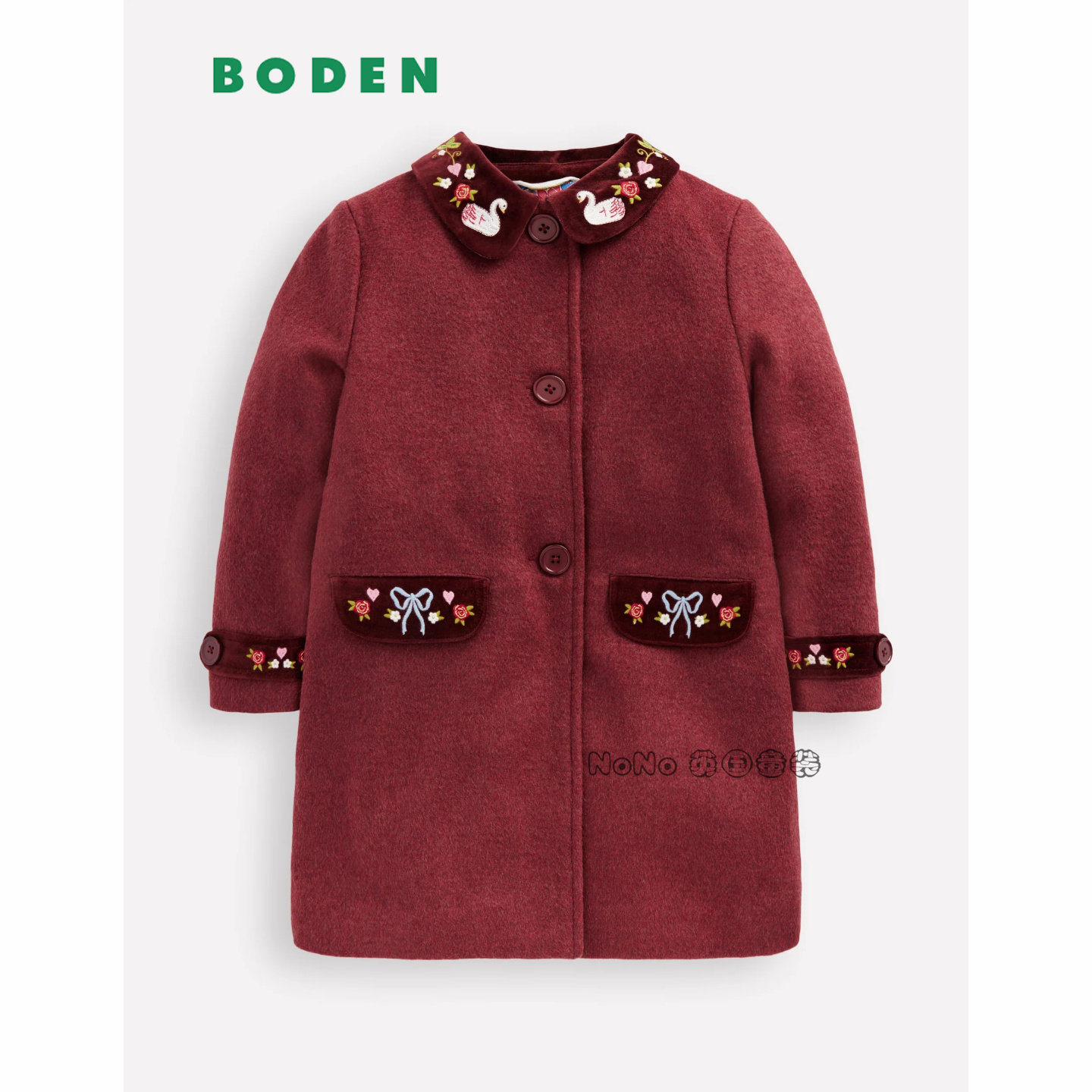 英国Mini BODEN女童暗粉红色天鹅刺绣羊毛大衣外套厚2-12岁G5623