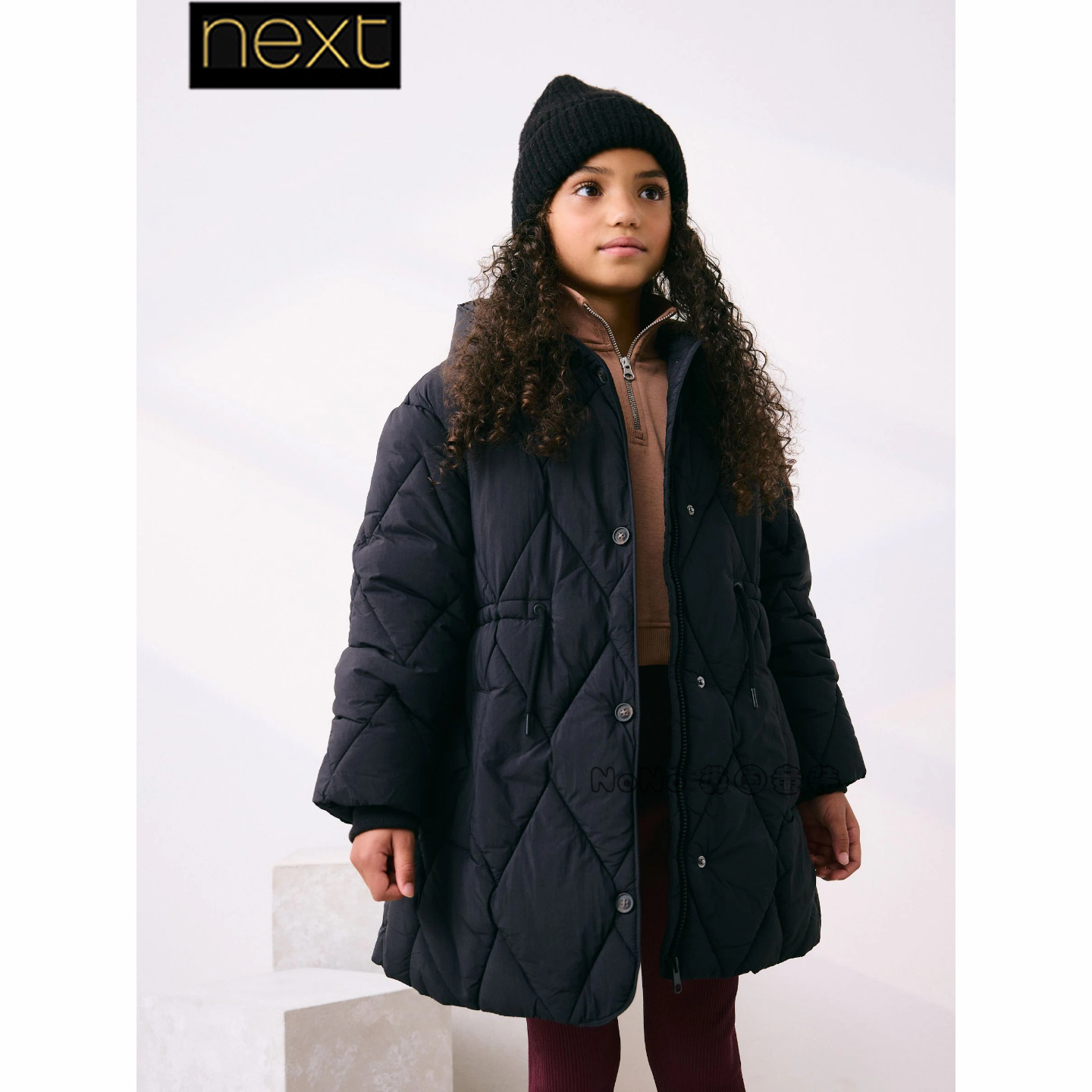 英国Next女大童亲子黑色外套加厚中长款棉服防雨雪3-16岁AN6-414