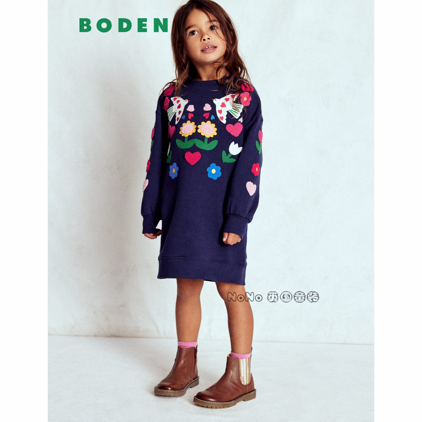 代购英国Mini Boden女童小鸟花朵刺绣卫衣连衣裙纯棉2-12岁G5746