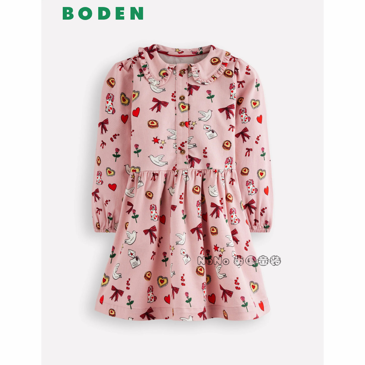 代购英国Mini Boden女童粉色狗鸽子长袖连衣裙全棉2-12岁G5760