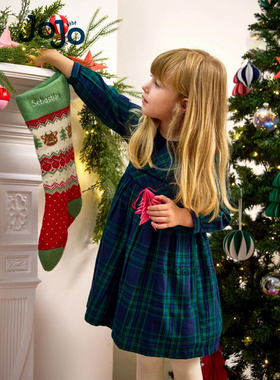 英国JoJo Maman Bebe女童蓝绿色格子礼服娃娃领连衣裙纯棉W73-845