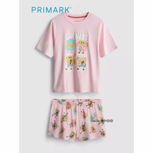 英国Primark女款成人大童粉色海绵宝宝短袖T恤家居服睡衣短裤全棉