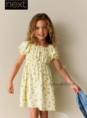 英国Next女大童亲子淡黄色小碎花短袖连衣裙荷叶袖3-16岁H57-505