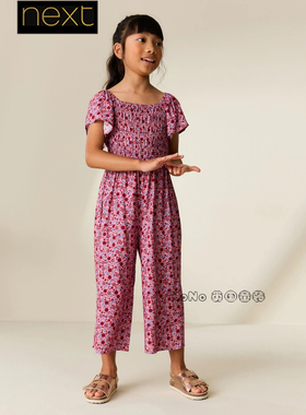 英国Next正品代购女大童粉红色碎花打揽连身裤体裤弹力H57-487