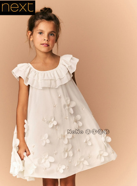 英国Next正品代购女大童亲子乳白色立体花朵连衣裙礼服裙E87-251