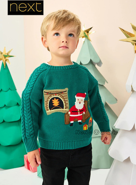 英国Nex代购男童绿色圣诞老人针织衫毛衣1-7岁纯棉圆领F22-658