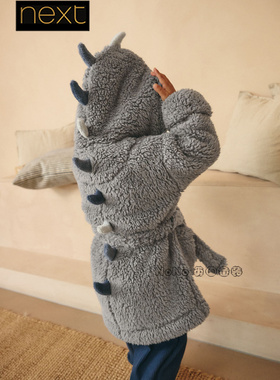 英国Next正品代购男童灰色恐龙柔软毛绒睡袍浴巾长袍浴袍N23-823
