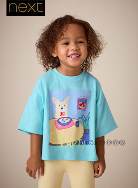 英国Next代购女童蓝色卡通小狗意面短袖T恤衫全棉1-7岁W81-563