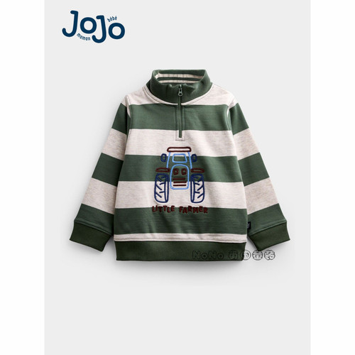 英国JoJo Maman Bebe男童绿色条纹拖拉机运动外套卫衣新款G39-652