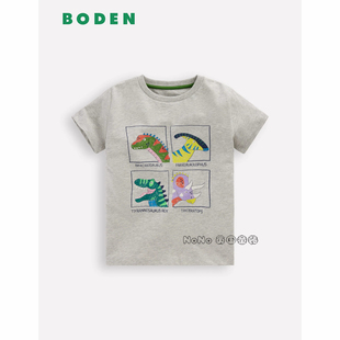 英国Mini BODEN男童灰色恐龙印花卡通短袖T恤全棉2-10岁新款B2959