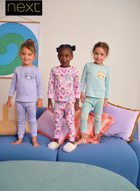英国Next正品女童粉紫色猫咪草莓居服睡衣裤套装秋衣纯棉AY9-890