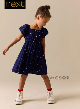 英国Next女大童亲子深蓝色波点短袖连衣裙荷叶袖3-16岁H57-504