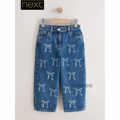 英国Next代购女大童亲子蓝色牛仔裤蝴蝶结亮钻纯棉3-16岁F73-789
