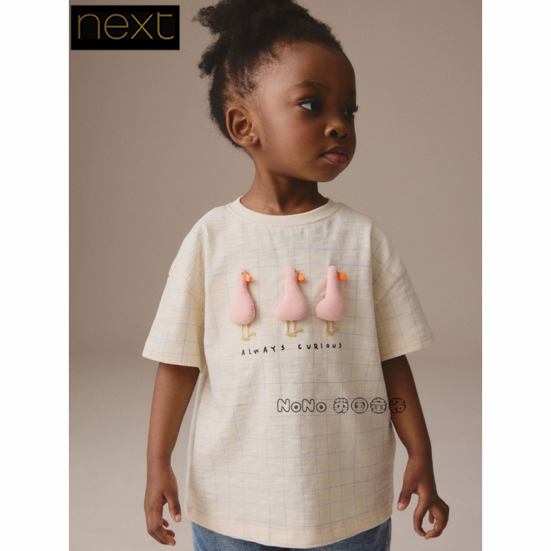 英国Next正品代购女童乳白色粉小鸭3D短袖纯棉T恤新款E44-985