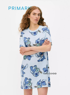 代购英国Primark成人女大童蓝色史迪奇短袖家居服睡裙T裙宽松