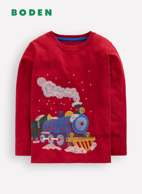 代购英国Mini BODEN男童新年红色火车刺绣长袖T恤纯棉2-12岁B3051