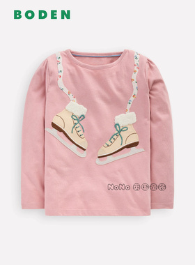 代购英国Mini BODEN女童浅粉色滑冰鞋刺绣长袖T恤纯棉2-12岁G5626