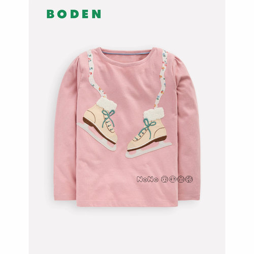 代购英国Mini BODEN女童浅粉色滑冰鞋刺绣长袖T恤纯棉2-12岁G5626
