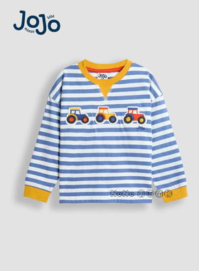 英国Jojo Maman Bebe儿童蓝色条纹拖拉机贴布长袖T恤纯棉F96-727