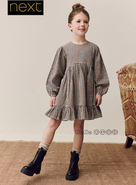 英国Next正品代购女大童亲子卡其色格子连衣裙长袖纯棉AN4-294