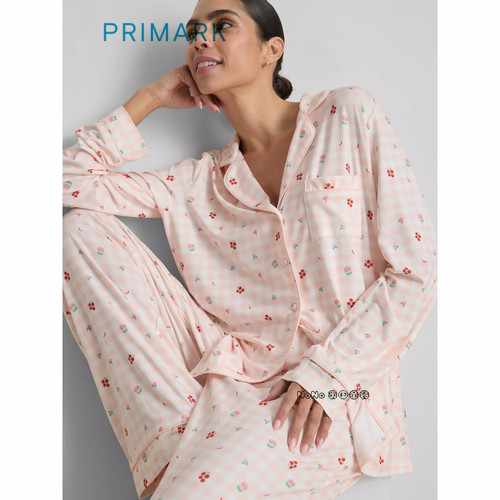 英国Primark女款成人大童粉色格子碎花西红柿长袖家居服长睡衣裤