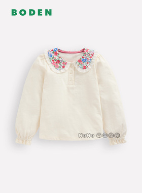 英国Mini BODEN女童白色碎花长袖娃娃翻领打底T恤纯棉G5491-MLT