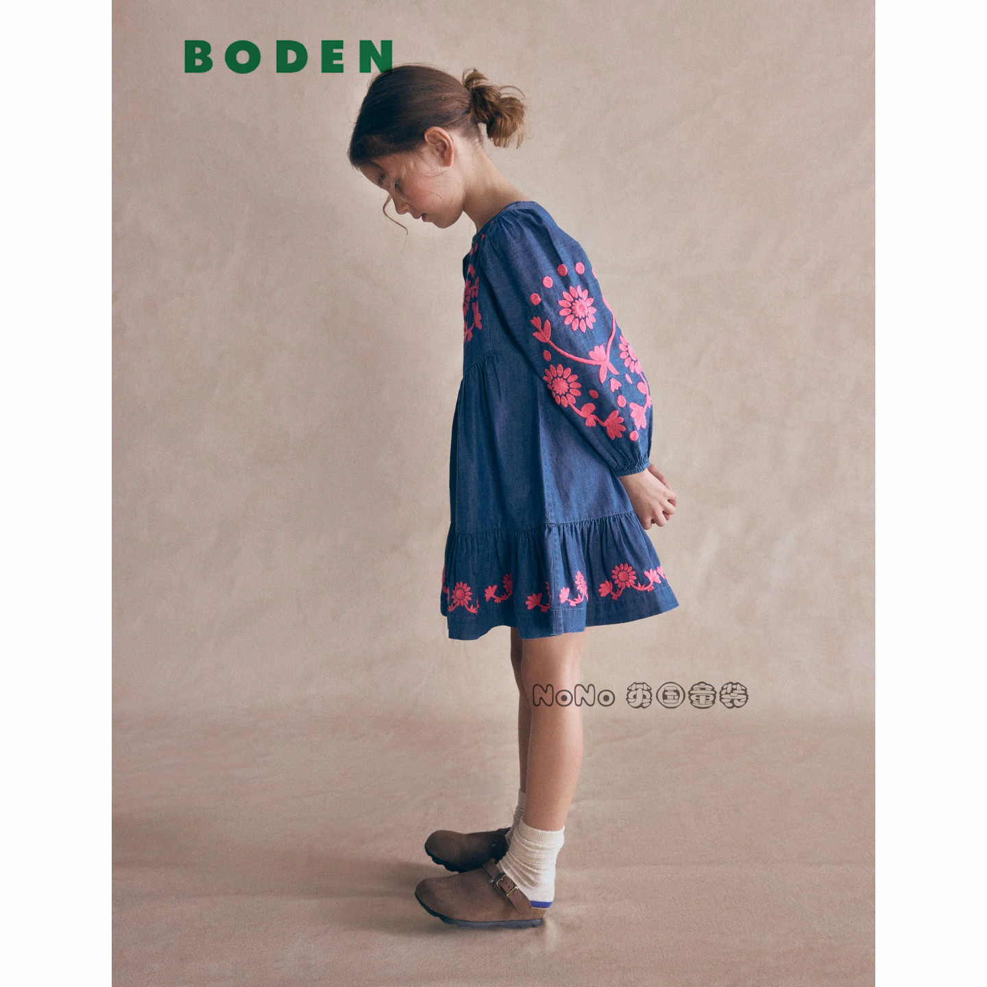 英国Mini Boden女童蓝色粉刺绣花朵长袖连衣裙纯棉2-12岁G6111