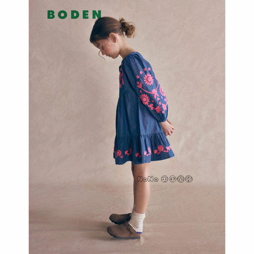 英国Mini Boden女童蓝色粉刺绣花朵长袖连衣裙纯棉2-12岁G6111