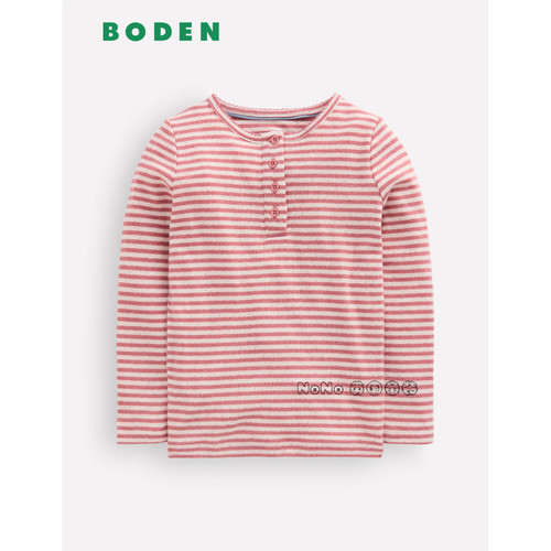 英国Mini BODEN女童粉色条纹亨利领长袖T恤休闲2-14岁新款G6126