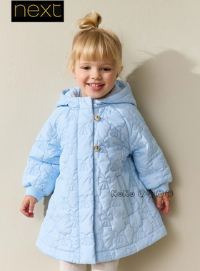 英国Next代购女童浅蓝色蝴蝶结暗纹棉服外套耳朵连帽1-7岁H47-326