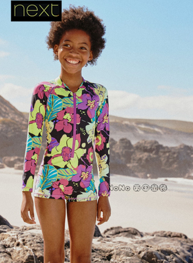 英国Next女大童粉黄色花连体泳衣长袖防晒泳裤套装SPF50+W64-316