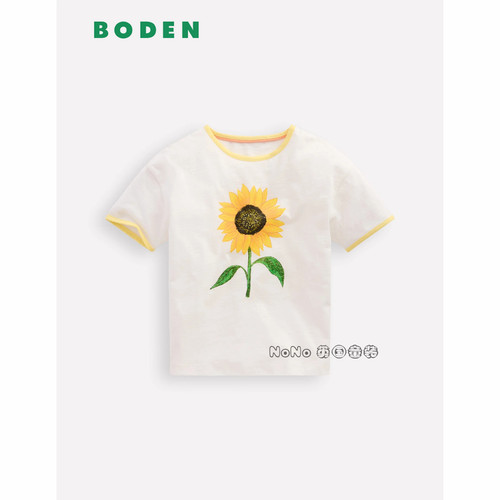 英国Mini BODEN女童白色向日葵印花短袖T恤全棉2-12岁新款G5959