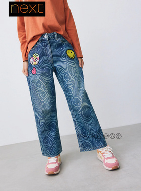 英国Next代购女大童亲子蓝色牛仔裤纯棉爱心笑脸3-16岁AM8-847