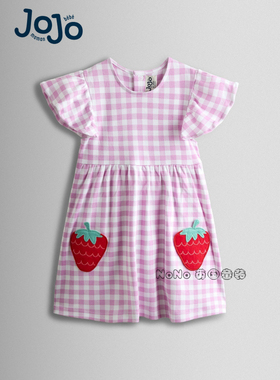 英国JoJo Maman Bebe女童紫色格子纯棉草莓连衣裙1-7岁V02-665