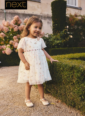 代购英国Next女童白色刺绣花朵礼服连衣裙短袖1-8岁新款W66-732