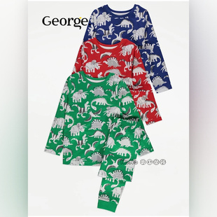 现货英国乔治George中小童红蓝色恐龙睡衣秋裤家居服纯棉1136051