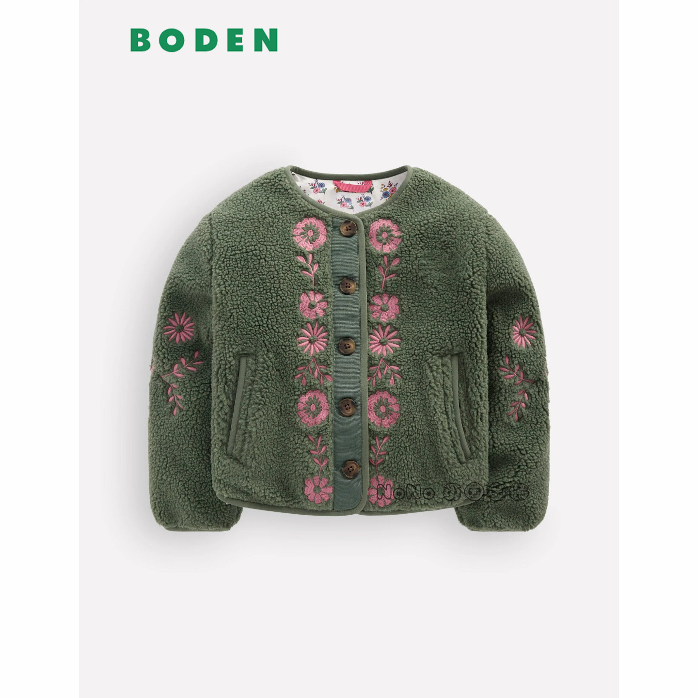英国Mini BODEN女童墨绿色刺绣外套毛毛加厚绒衣2-14岁新款G6082