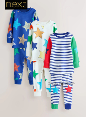 英国Next男童蓝红色条纹星星家居服长袖睡衣裤1-10岁纯棉AP9-452