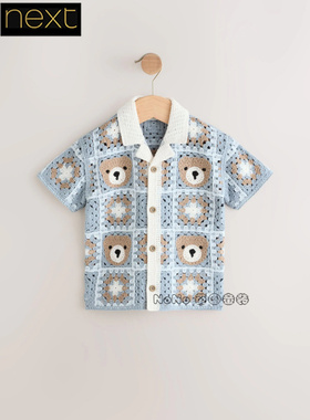 英国Next正品代购男童蓝色小熊针织卡通纯棉短袖T恤POLO衫AA9-500